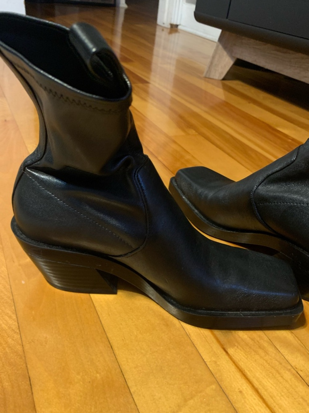 Zara Black Leather Ankle Boots with Block Heel